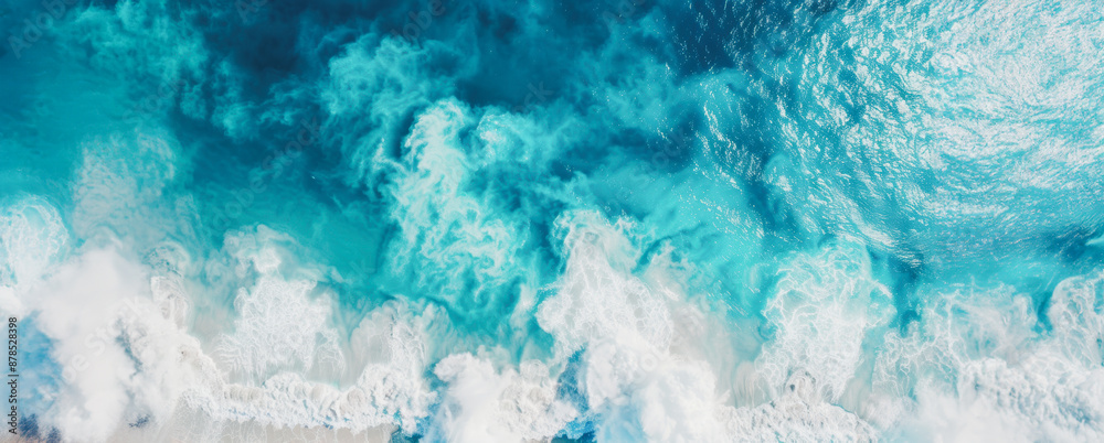 Aerial view of turquoise ocean waves breaking on white sand beach Aerial view of turquoise ocean waves breaking on white sand beach