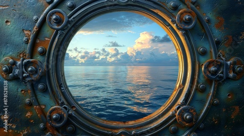 Rusty porthole on an old ship is framing a beautiful sunset over a calm ocean, inspiring feelings of adventure and wanderlust photo
