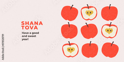 Rosh Hashana, Rosh Hashanah, Jewish New Year greeting card, cover, holiday web banner, poster. Hand drawn illustration design template with apple and pomegranate pattern in trendy modern art style