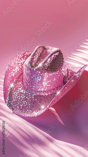 Sparkly pink cowboy hat on a soft pink background, adorned with glittering sequins, perfect for a fashion-forward look