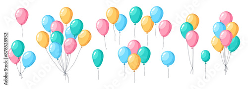 Air balloons set. Helium balloons festive decorations, colorful balloons bunches, happy birthday celebration decor flat vector illustration collection. Flying glossy balloons
