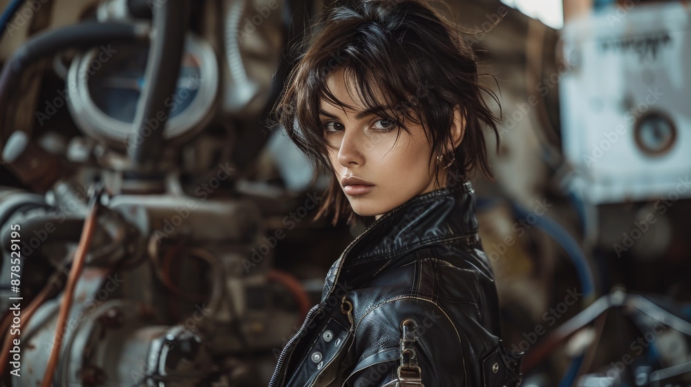A woman in a leather jacket looks intently at the camera A woman in a leather jacket looks intently at the camera