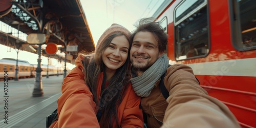 A couple capturing a moment on their journey, with the train station background