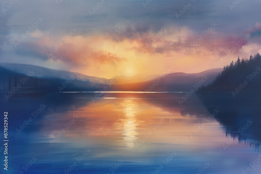 A serene lake at sunset.