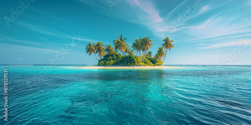 Tropical Island with Palm Trees Surrounded by Clear Blue Water photo