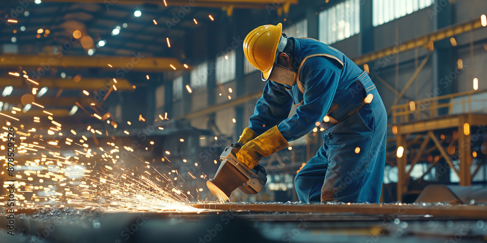 A worker in blue overalls and yellow helmet A worker in blue overalls and yellow helmet