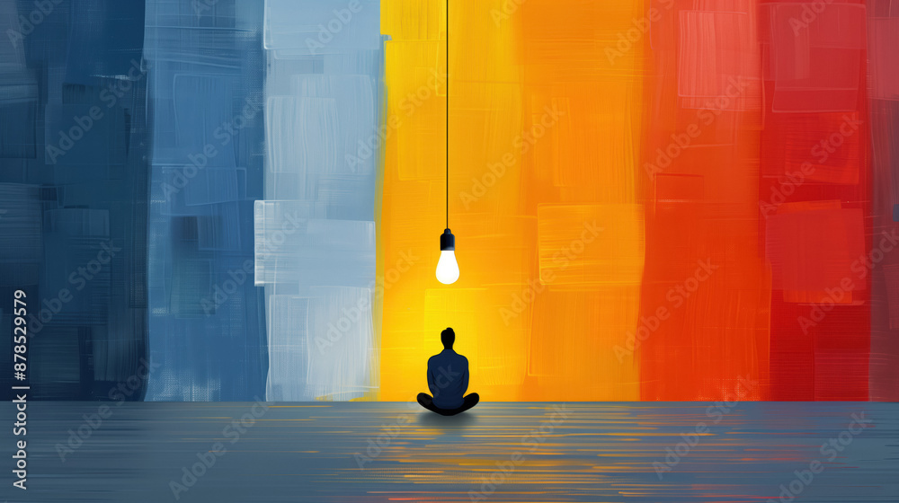 © PhotoGranary - A silhouette of a person sitting in a meditative pose under a single hanging light bulb, set against a vibrant background of blue, yellow, and red hues.