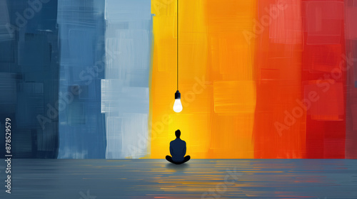 A silhouette of a person sitting in a meditative pose under a single hanging light bulb, set against a vibrant background of blue, yellow, and red hues.