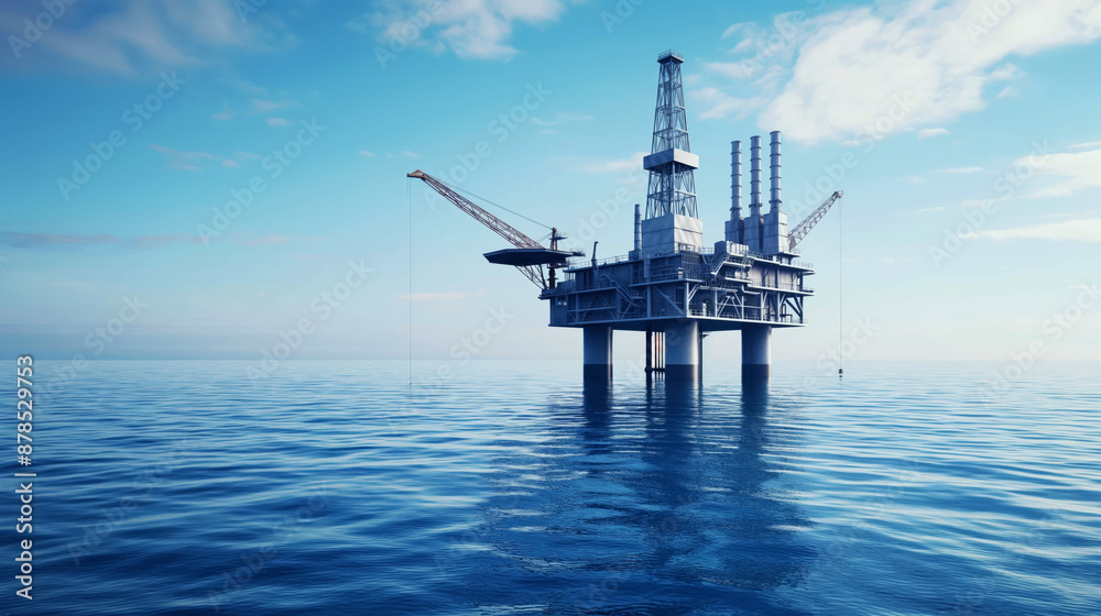A serene ocean scene featuring an offshore oil rig under a clear blue sky.