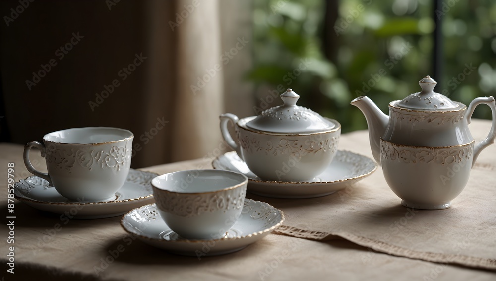 A porcelain tea set, delicate as whispers, arranged with precision on lace-trimmed linen ai_generated A porcelain tea set, delicate as whispers, arranged with precision on lace-trimmed linen ai_generated