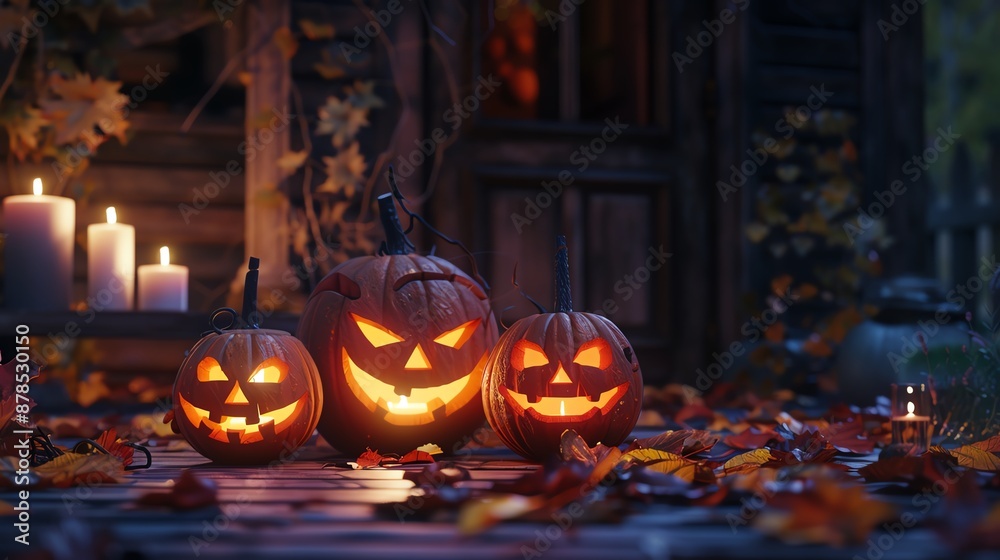 Carved pumpkins with glowing faces on a wooden porch, surrounded by autumn leaves, candles lit, spooky atmosphere, copy space Carved pumpkins with glowing faces on a wooden porch, surrounded by autumn leaves, candles lit, spooky atmosphere, copy space