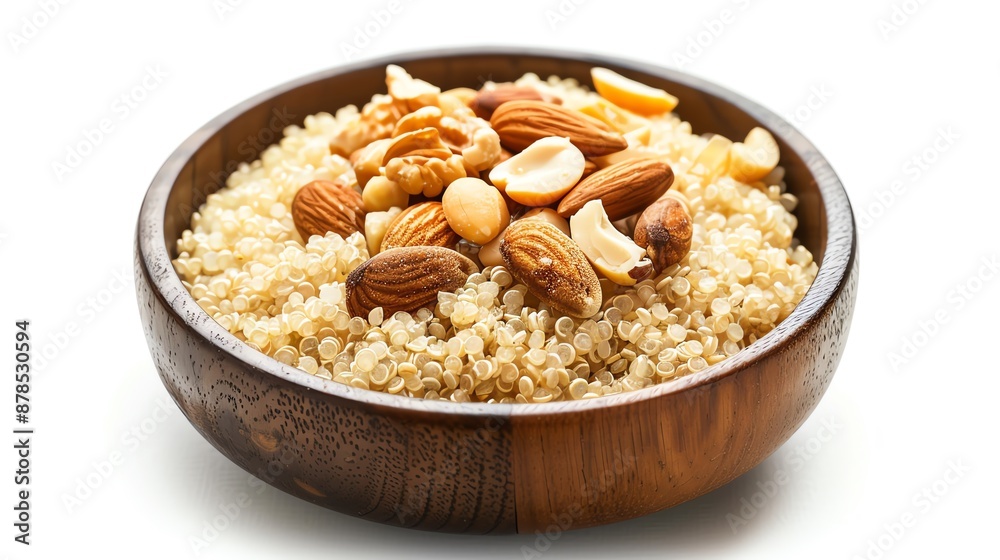 Healthy quinoa kheer with honey and mixed nuts, nutritious twist on a classic, isolated on white background, copy space