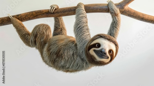 A cute cartoon sloth hanging from a branch, 2D animation, white background