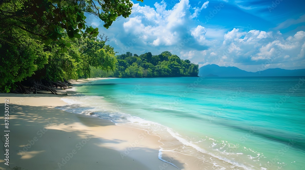 Isolated tropical island beach with turquoise waters, untouched white sand, and lush greenery, no people, serene and tranquil atmosphere, copy space Isolated tropical island beach with turquoise waters, untouched white sand, and lush greenery, no people, serene and tranquil atmosphere, copy space