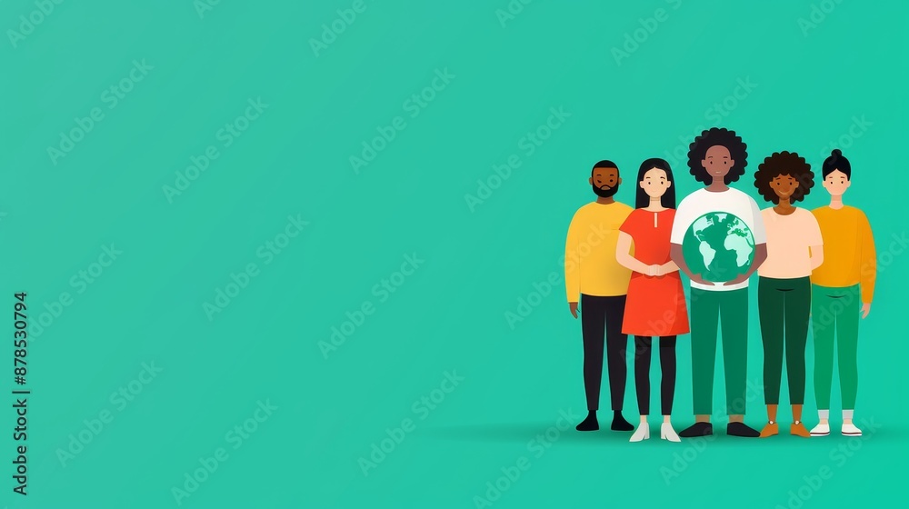 Diverse group holding globe, unity concept, copy space for text, focus cover all object, flat design illustration Diverse group holding globe, unity concept, copy space for text, focus cover all object, flat design illustration