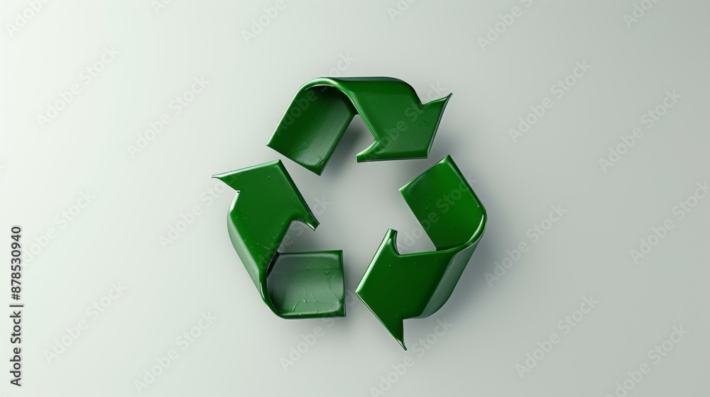 Green recycle symbol is laying on a white background representing the concept of environmental protection and waste reduction