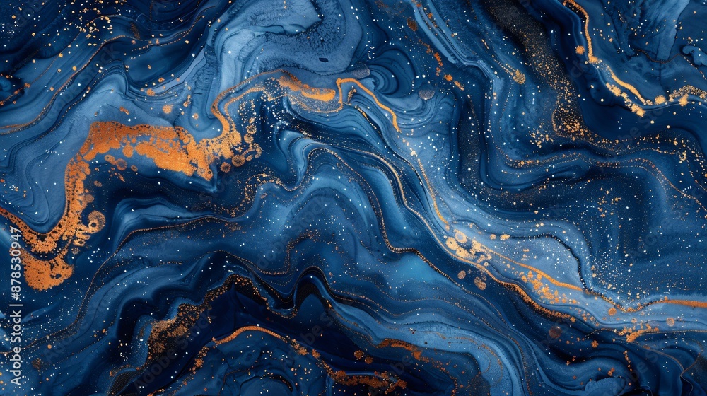 Marble abstract art with fluid alcohol ink in shades of navy and copper enhanced by specks of gold dust for a dynamic visual