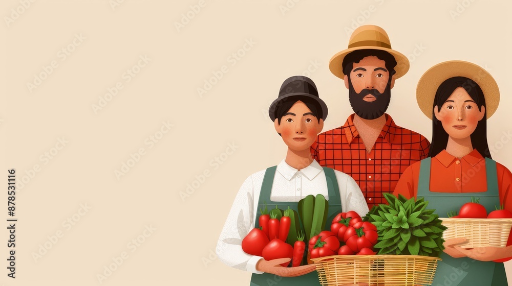 Illustration of three farmers wearing aprons and beanies, selling fresh produce at a market stand, with mountains in the background.