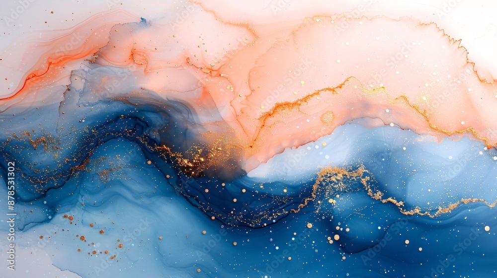 Fototapeta premium Marble abstract art with fluid alcohol ink in shades of navy and copper enhanced by specks of gold dust for a dynamic visual