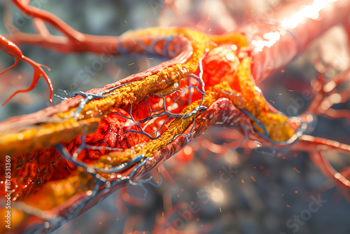 3D medical visualization, an artery shows arteriosclerosis with detailed plaque buildup, highlighting the narrowing and obstruction within the vessel. Generative ai.