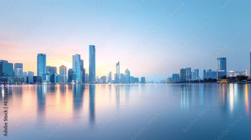 Eye-Level Angle, a modern cityscape at dusk, with illuminated skyscrapers reflecting on a calm river, boats passing by, and the city lights creating a picturesque view of urban arc Eye-Level Angle, a modern cityscape at dusk, with illuminated skyscrapers reflecting on a calm river, boats passing by, and the city lights creating a picturesque view of urban arc