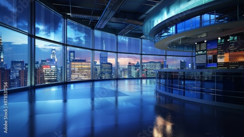 A sleek newsroom with floor-to-ceiling windows showcasing a panoramic city skyline © Leli