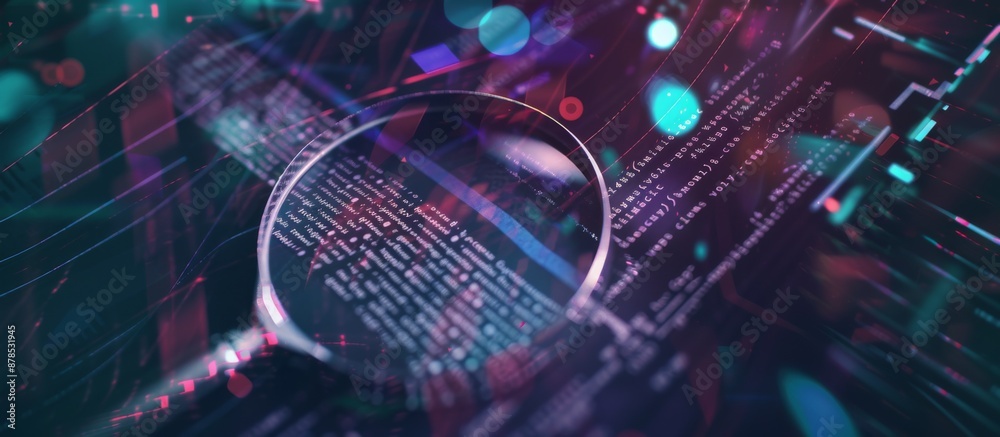 Magnifying Glass Over Digital Code with Abstract Data and Technology Elements in Background Magnifying Glass Over Digital Code with Abstract Data and Technology Elements in Background