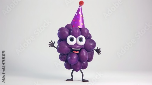 Joyful grape with a party hat, 2D animation, white background, purple color, festive cartoon style