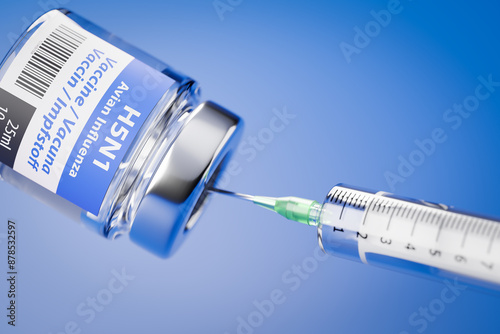 Fictitious vial of vaccine against the bird flu (Avian Influenza or H5N1) with syringe stuck in photo