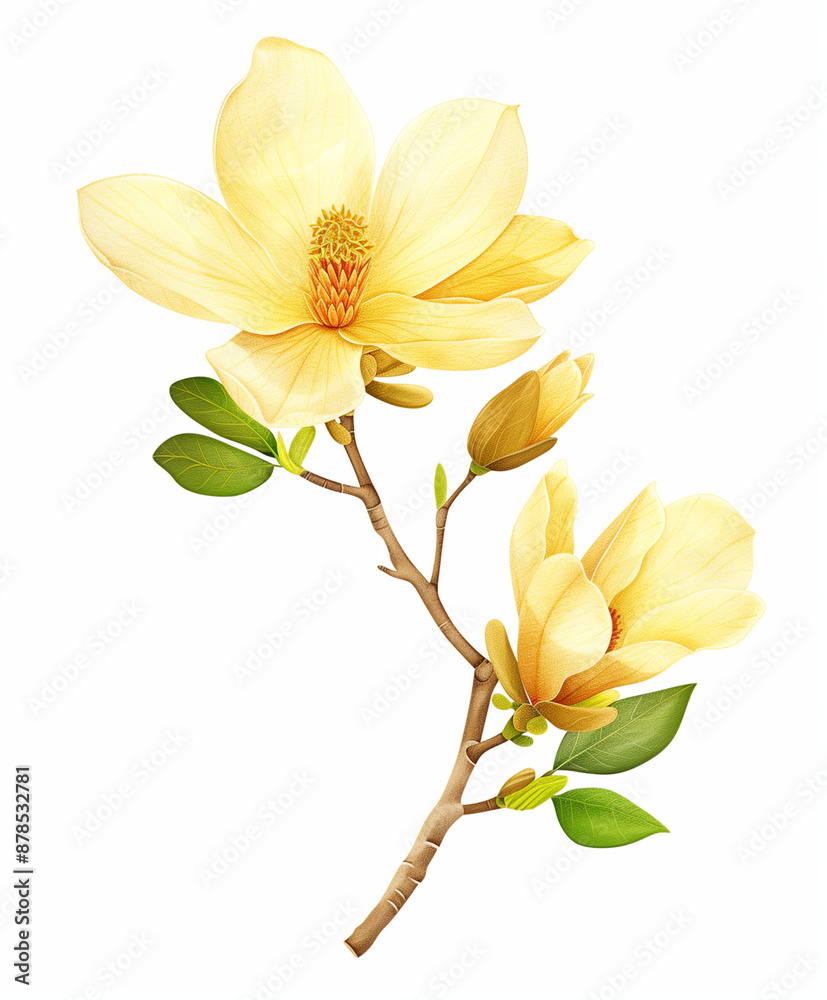 Obraz premium Delicate yellow magnolia flowers bloom on slender branches, with a mix of open petals and buds. The intricate details of the petals and leaves create a lifelike representation of the flowers.