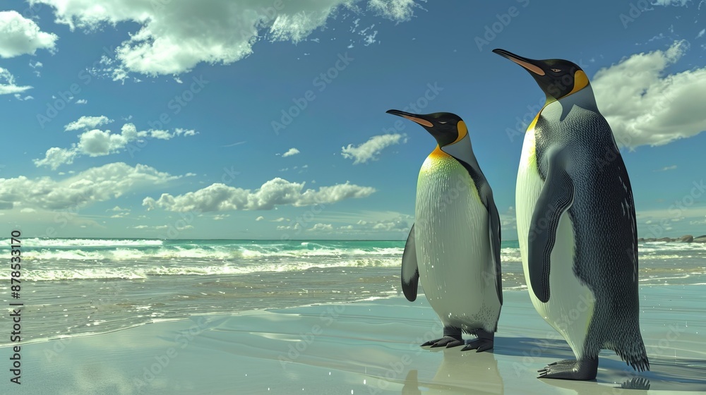 Fototapeta premium Two King Penguins on a Sandy Beach with Blue Skies.