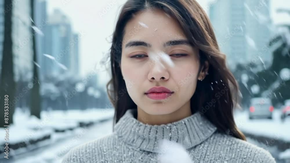 Young woman serious face portrait on a city street snowing Young woman serious face portrait on a city street snowing