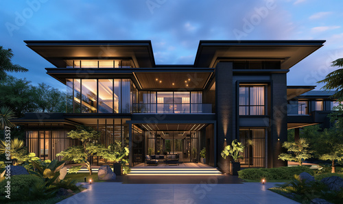 Modern house exterior design, high-end luxury style with modern and decorative elements, night lighting, panoramic view of the front facade © 수동 김