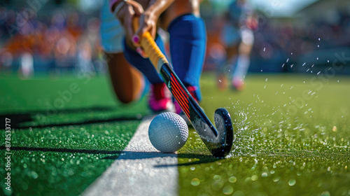 A woman is playing field hockey and is about to hit the ball with her stick