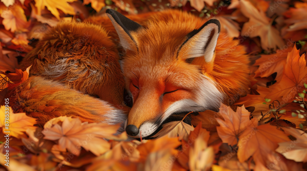 Detailed 3D render of a fox curled up in autumn leaves with warm colors and intricate fur texture. Detailed 3D render of a fox curled up in autumn leaves with warm colors and intricate fur texture.