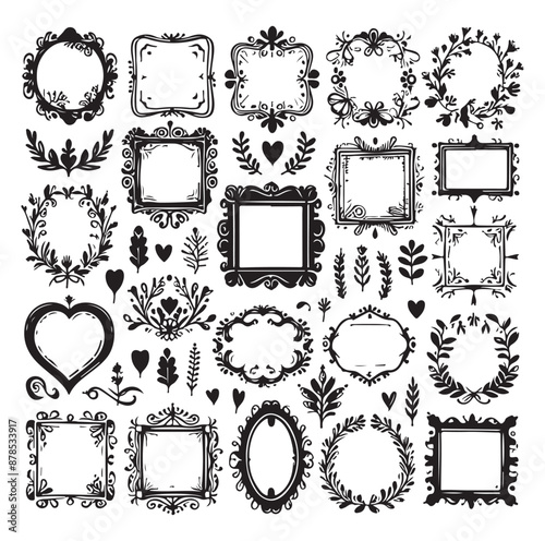 Set of nine ornate black and white frames silhouette vector