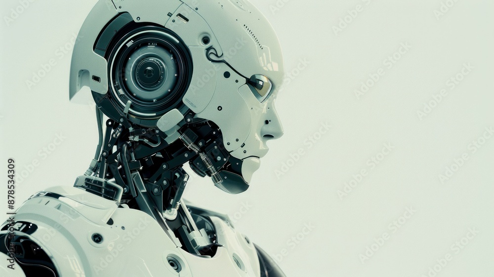Modern white ai robot on light gray background, Modern white ai robot on light gray background,