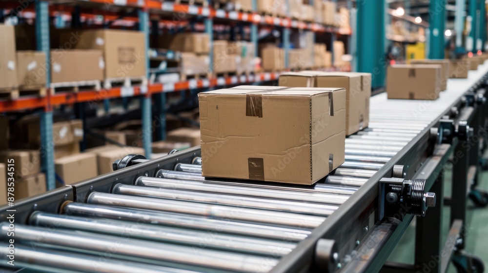 Boxes on a conveyor roller system, showcasing industrial automation in a warehouse setting. Boxes on a conveyor roller system, showcasing industrial automation in a warehouse setting.