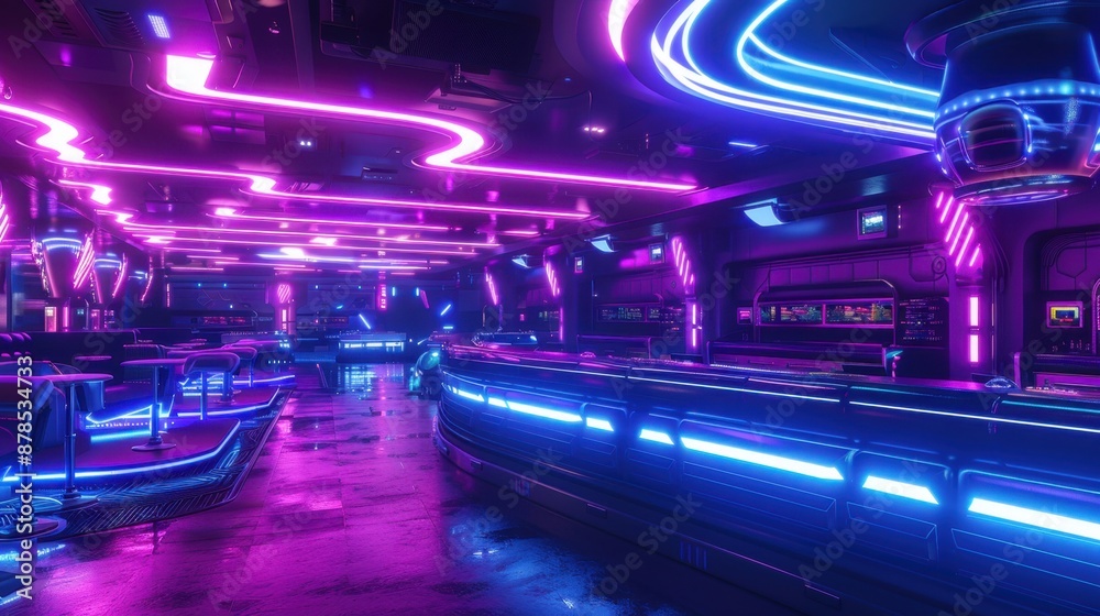 Modern futuristic sci-fi club with neon glowing purple and blue lights, set in a dark room. Modern futuristic sci-fi club with neon glowing purple and blue lights, set in a dark room.