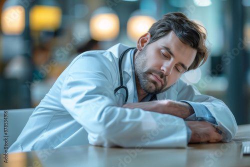 Tired Office Worker Sleeping at Desk with Documents photo