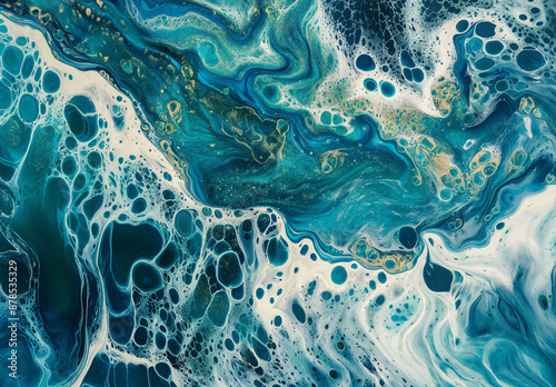 An aerial view of water flowing through an abstract river, top down view, birds eye view, turquoise and blue colors, native art style painting photo