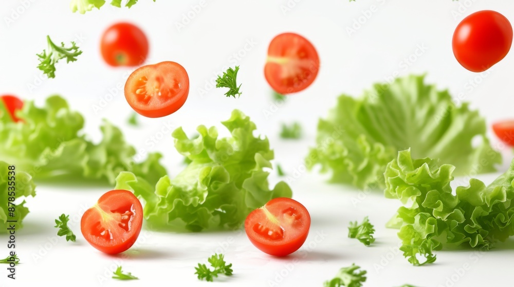 Falling lettuce leaves with tomatoes on a white background Falling lettuce leaves with tomatoes on a white background