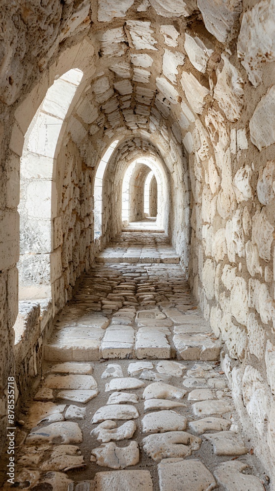 Fototapeta premium Starożytna kamienna ścieżka z łukowatymi otworami, tworząca historyczną i średniowieczną atmosferę. Idealna na tematy podróżnicze lub architektoniczne.