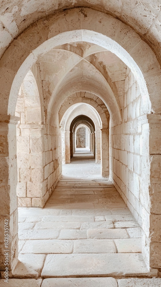Historic stone corridor with symmetrical arches and natural light, showcasing ancient architecture's geometric beauty and timeless elegance. Historic stone corridor with symmetrical arches and natural light, showcasing ancient architecture's geometric beauty and timeless elegance.