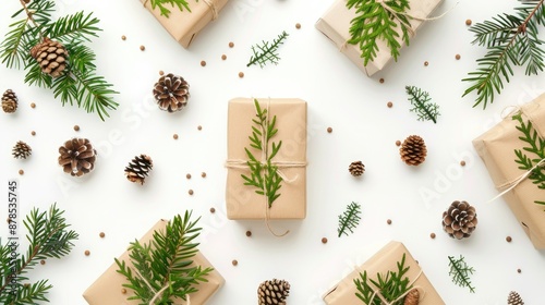 Wallpaper Mural Christmas themed flat lay with gifts pine cones gypsophila and thuja on white background Torontodigital.ca