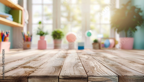 Blank Wooden children work home table , empty wood desk tabletop, school  surface product display mockup on blurry bright children`s room backdrop, for advertising presentation.  photo