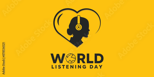 World Listening Day. Heart, women and earphones. perfect for cards, banners, posters, social media and more. Yellow background.