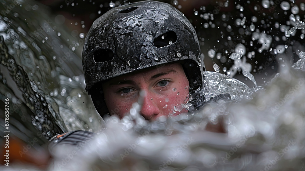 A man in a black helmet is in the water A man in a black helmet is in the water