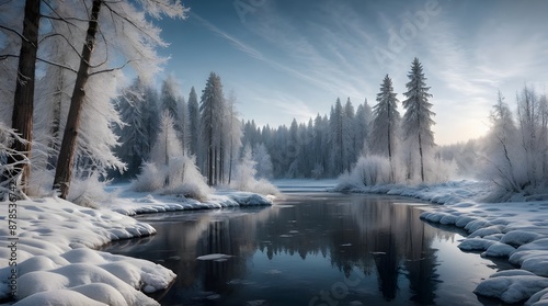 A serene lake reflects the snow-capped mountains, while cold winds whisper through the trees
