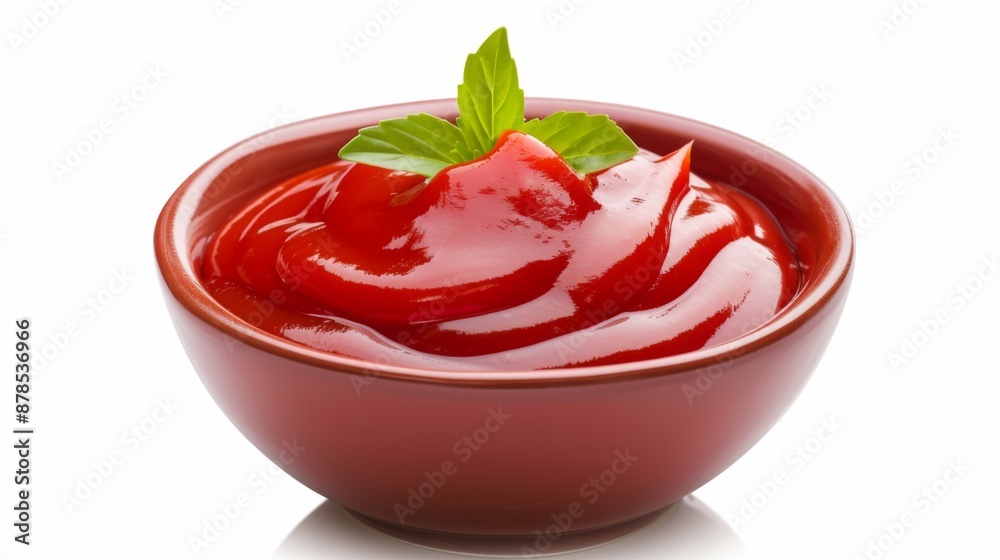 Portion of tomato ketchup in a bowl on a white background Portion of tomato ketchup in a bowl on a white background